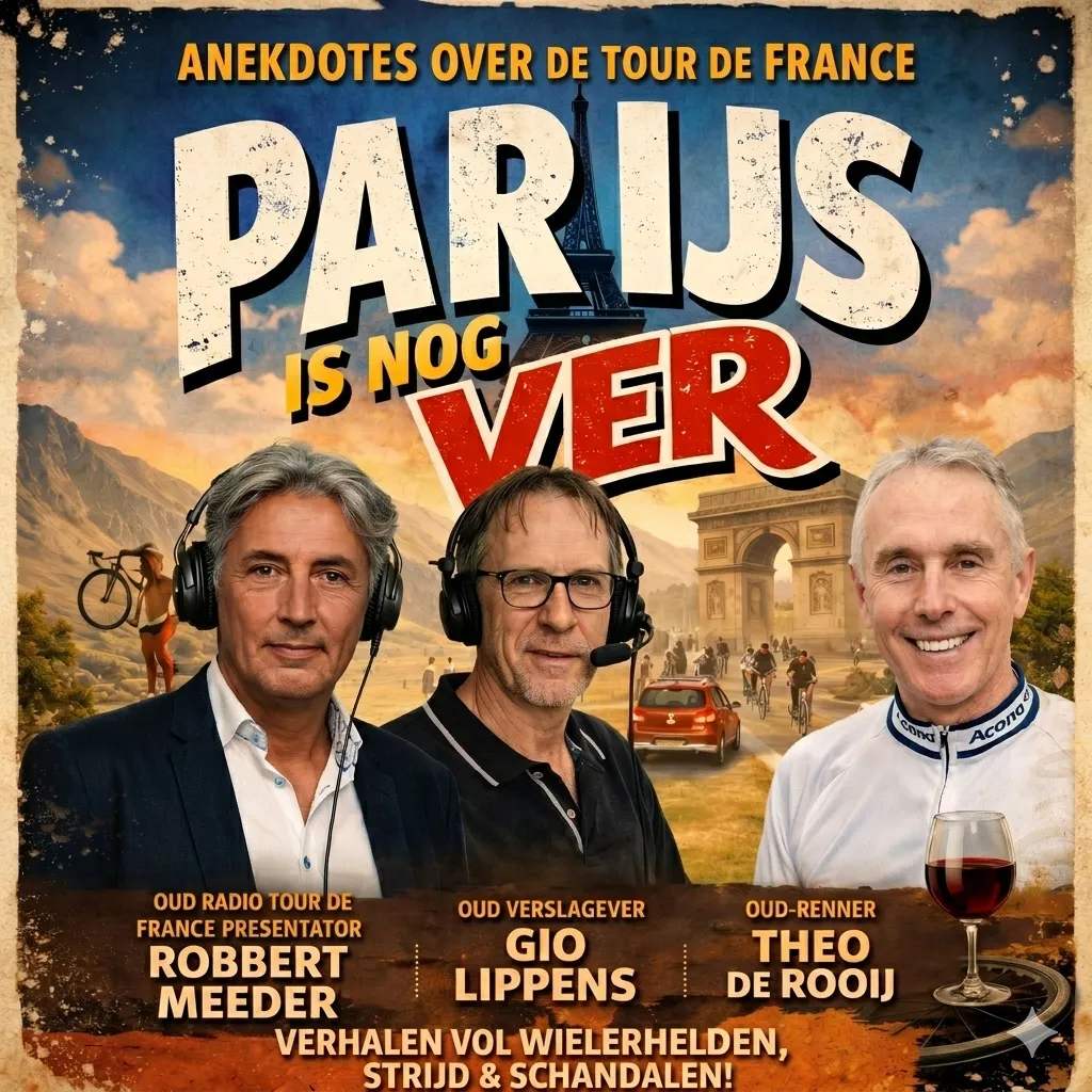 Het affiche voor een gezellige avond vol anekdotes over heroïek en wielerschandalen met presentatoren Robbert Meeder, Gio Lippens en Theo de Rooij. 